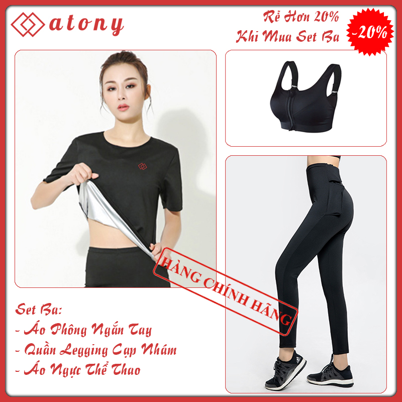 A358-13 - Bộ Quần Áo Sinh Nhiệt Tan Mỡ Bụng Chính Hãng ATONY - Set 3: Áo Phông Ngắn Tay + Áo Ngực + Quần Legging Cạp Nhám