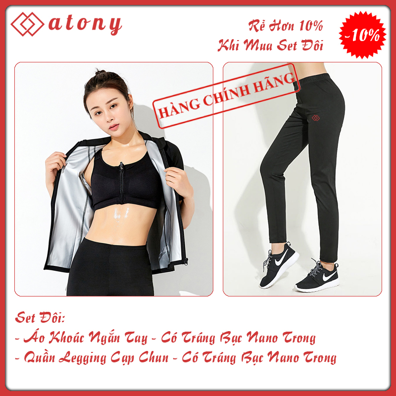 A358-25 - Đồ Tập Sinh Nhiệt Giảm Mỡ Bụng ATONY, Đổ Mồ Hôi Giảm Mỡ Bụng Chính Hãng-Set 2: Áo Khoác Ngắn Tay +Legging Cạp Chun
