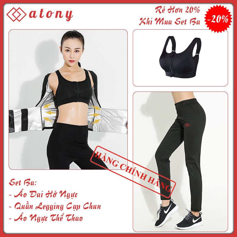 A358-29 - Bộ Đai Nịt Bụng Giảm Mỡ ATONY, Đai Sinh Nhiệt Giảm Mỡ Tráng Nano Bạc-Set 3 Áo Đai Lửng + Áo Ngực + Quần Dài Cạp Chun