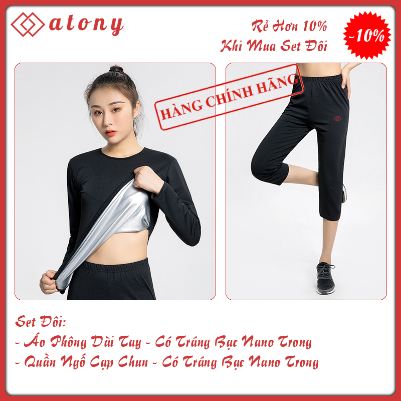 A358-44 - Bộ Đồ Tập Sinh Nhiệt Giảm Mỡ Bụng ATONY,  Bộ Đồ Tập Giảm Mỡ Bụng Chính Hãng - Set 2: Áo Phông Dài Tay + Quần Ngố
