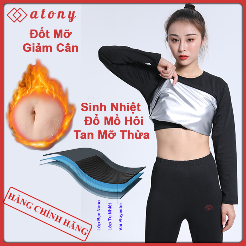 A358-59 - Bộ Quần Áo Giảm Mỡ Bụng ATONY, Sinh Nhiệt, Tan Mỡ Chính Hãng - Set 3: Áo Phông Dài Tay + Quần Lửng Nịt Bụng + Áo Ngực